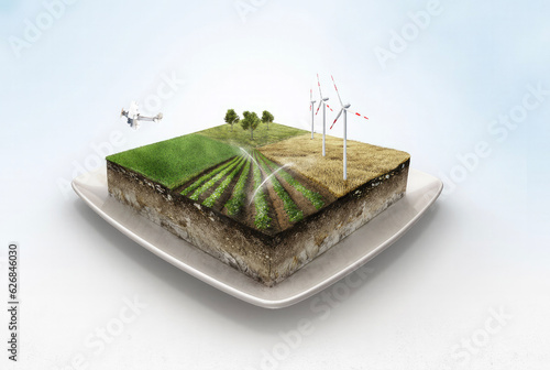 3D rendering of a four season agriculture landscape cut of on a plate with trees, wind turbines, fields and plane,  photo