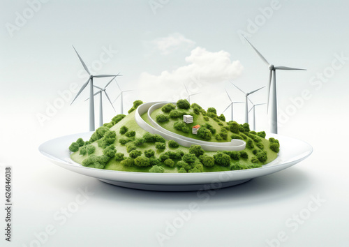 Green landscape on a plate with trees, wind turbines, and abstract futuristic architectural elements (ID: 626846038)