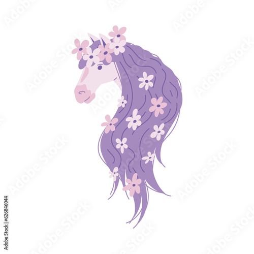 Hand drawn vector illustration of white horse head with purple mane and wreath of flowers  fantastic horses