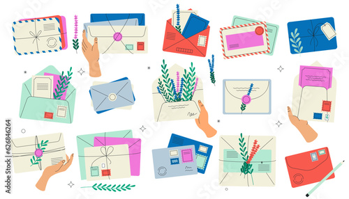 Cartoon mail envelopes. Handwritten letters with stamps and postmarks, old-fashioned postcard and letter delivery. Vector collection