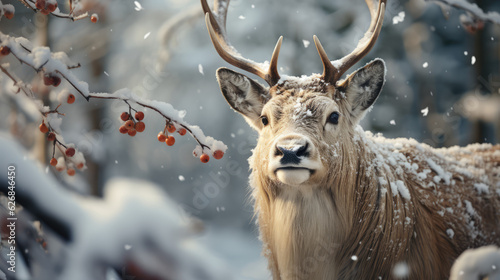 Rudolph the Santa Claus Reindeer. Snow winter background. Christmas Seasonal Joy Concept AI Generative