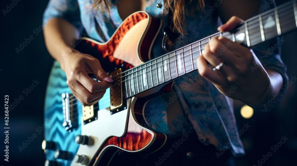 Obraz premium close up of woman hands playing electro guitar.
