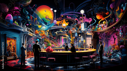 Surrealistic interpretation of a bustling cocktail bar, swirling colors and patrons blending into a dreamy scene, a la Dali, with a hint of vibrant neon glow, film noir style