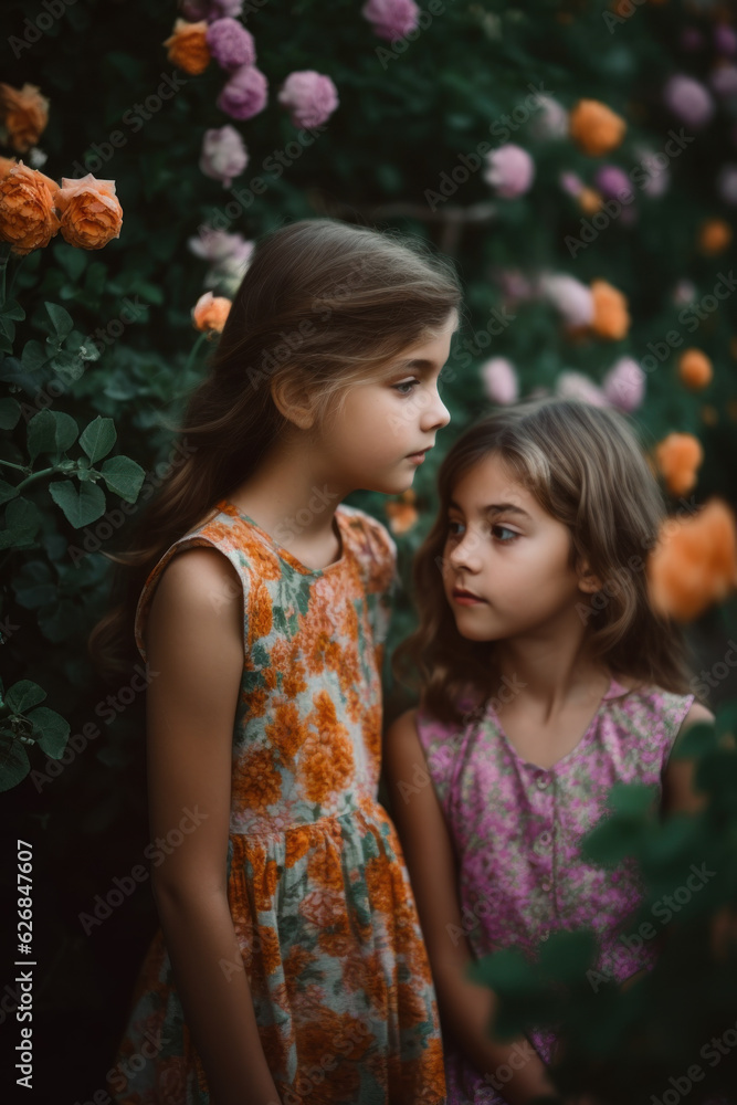 Fototapeta premium Two girls in flowery dresses spending their time in a blooming garden