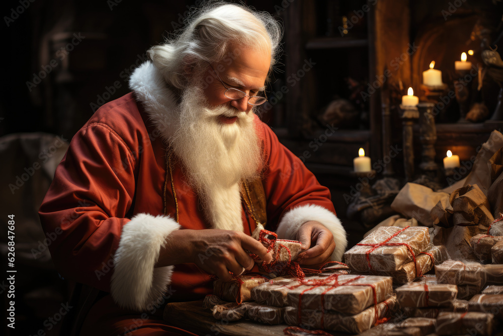 Santa's Gift Wrapping Magic. Santa Claus Wrapping Presents. AI Generative Santa's Gift Wrapping Magic. Santa Claus Wrapping Presents. AI Generative