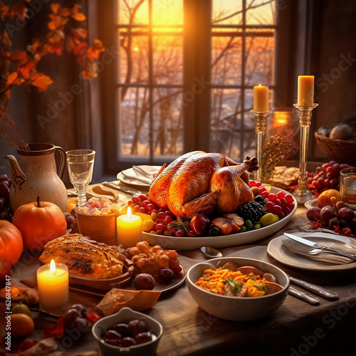 Thanksgiving dinner with roasted turkeys on a rustic table with various thanksgiving day foods decorated with pumpkins, flowers and candles, at window background. Generative ai