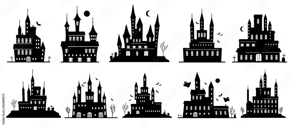 Set of Halloween silhouette houses with bat, moon and ghost, cemetery crosses, graveyard and trees. Day of dead vector illustration. Creepy buildings on cemetery