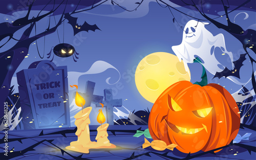 Spooky cemetery with full moon, tombstones and candles, ghosts and spiders, pumpkin light and candies. Vector flat trick or treat holiday celebration. Halloween party setting