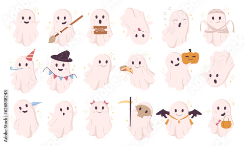 Ghost cute Halloween monster  mystery boo cartoon character. Vector set of fantasy personages  mysterious creative spooky ghosts with pumpkin  trick or treat holiday
