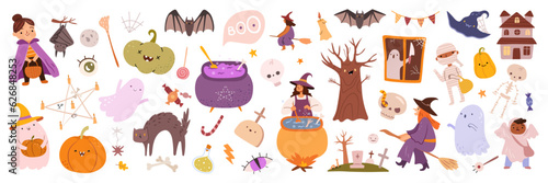 Halloween party witch and cauldron, cat and pumpkin set of flat cartoon icons. Vector illustration of tree and batmouse, full moon and ghost, cat and skeleton, house and cemetery