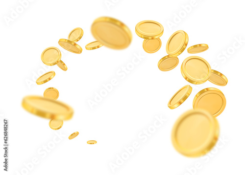 Benefit and profit, financial assets and investment, empty realistic coins splash background. Vector golden dollar coins, banking and deposit, interest and economics saving, earnings
