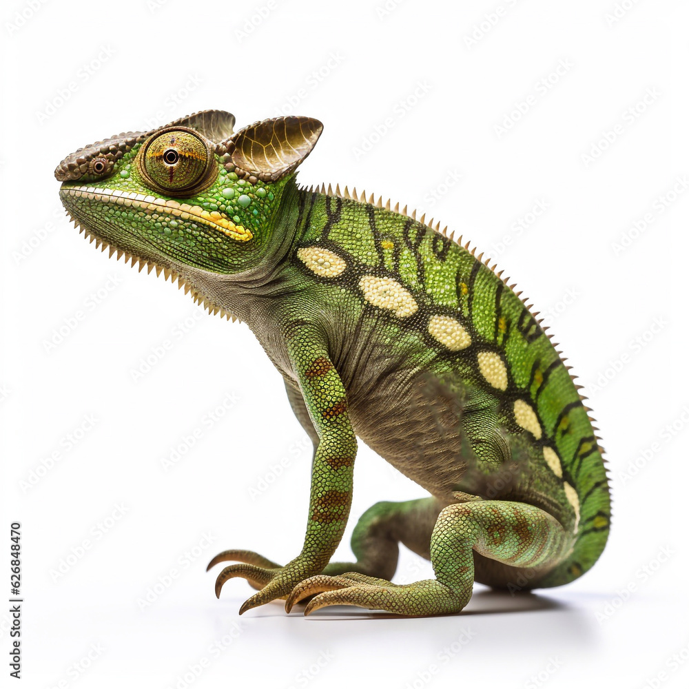 Obraz premium Beautiful big wild chameleon looking forward is shown in full length, Ai generated