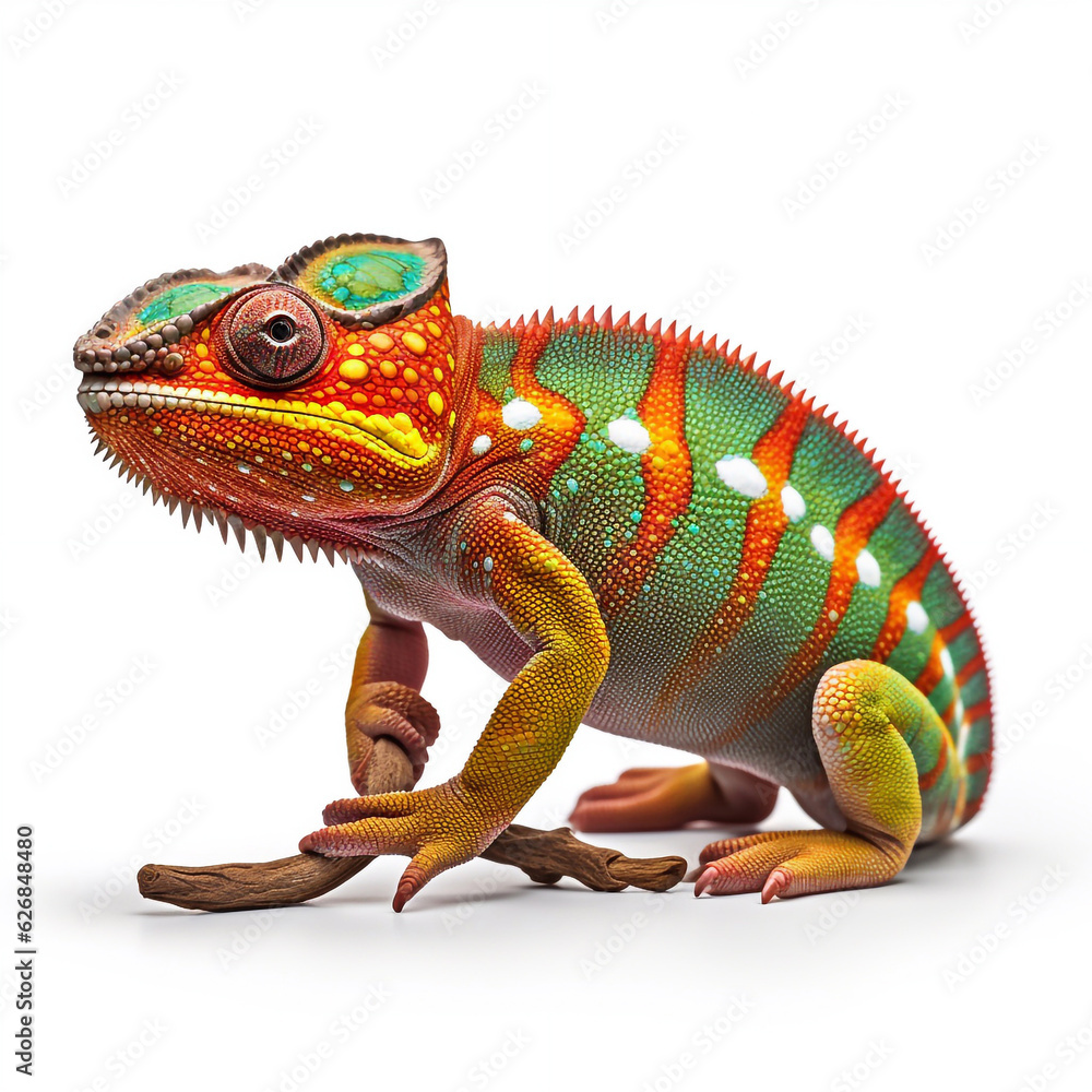 Obraz premium Beautiful big wild chameleon looking forward is shown in full length, Ai generated