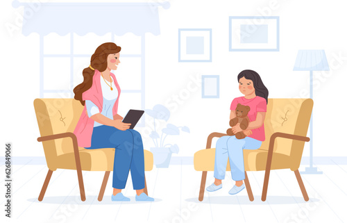 Child counselor. Woman therapist counseling to anxiety teenager in school office, kid student psychologist consultation, caregivers and kids psychology problem vector illustration