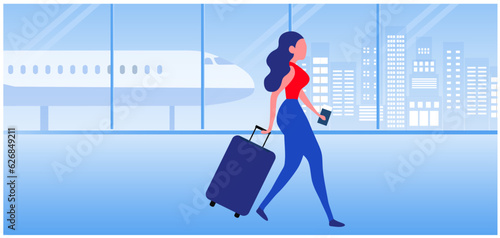 Travel aboard concept, Woman with travelling bag walking at the airport vector illustration. 