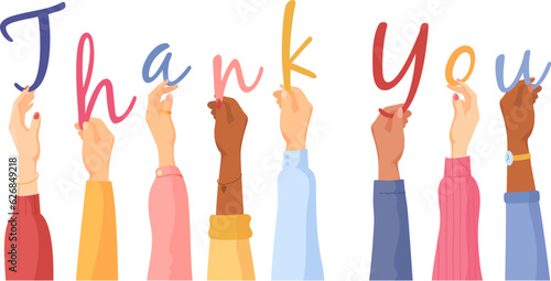 Hands holding appreciation. Thankful female multicultural hands of customers colleagues hold handwriting letters thank you word, thanking client appreciate team vector illustration