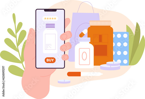 Mobile drugstore. Online pharmacy for digital buy and delivery medicine drug supplies on prescription in smartphone app, internet pharmaceutical medical store vector illustration