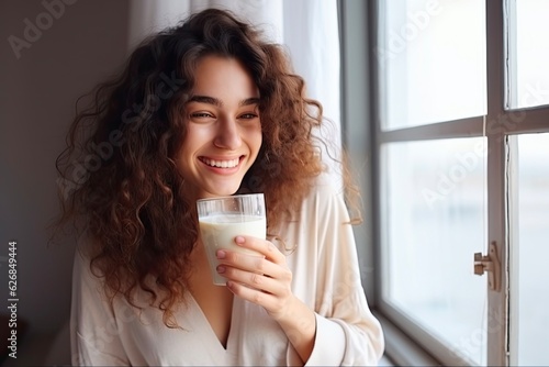 Attractive Adult Woman Enjoying Her Breakfast Break: Drinking Milk with Happiness and Cutness. Generative AI photo