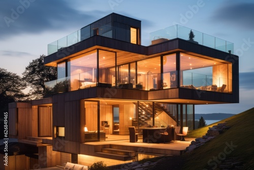 Cubic glass house with wooden elements in the evening.