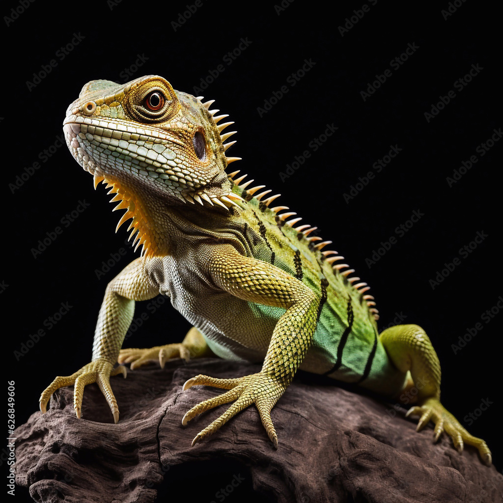 Fototapeta premium Beautiful big beast lizard looking forward is shown in full length, Ai generated