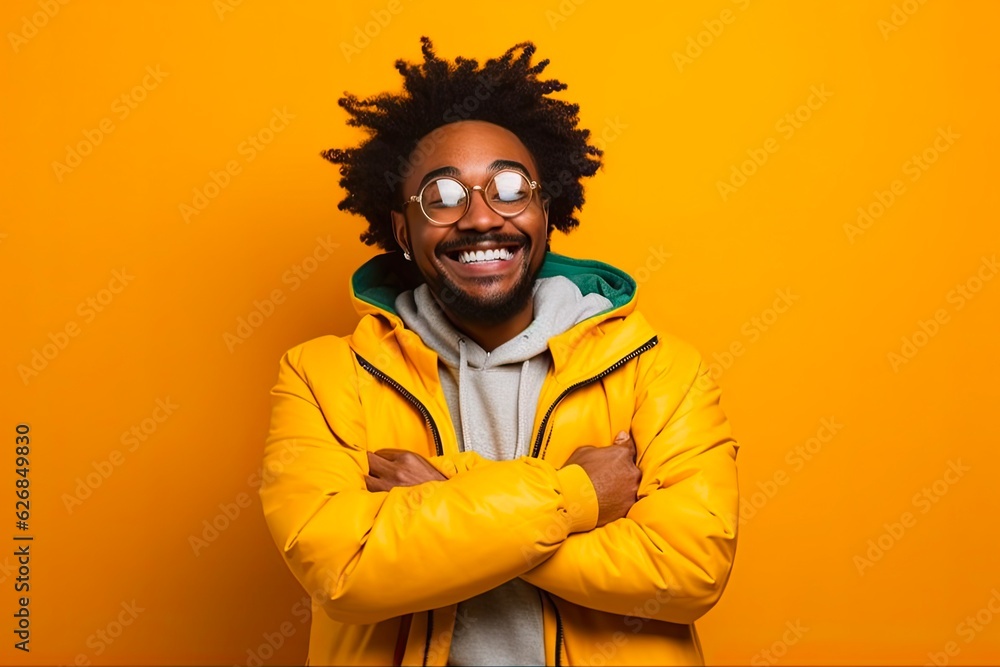 Handsome Young African American Man in Colorful Coat and Glasses, Smiling with Crossed Arms, Isolated on Yellow Background. Generative AI Handsome Young African American Man in Colorful Coat and Glasses, Smiling with Crossed Arms, Isolated on Yellow Background. Generative AI