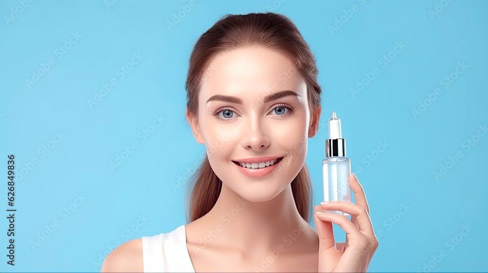 Hyaluronic Skin Rejuvenation for Middle-Aged Women. Portrait of Elderly Woman Taking Care of Skin with Toner, AHA Serum for Lifting and Anti-Aging on Blue Background: Generative AI Hyaluronic Skin Rejuvenation for Middle-Aged Women. Portrait of Elderly Woman Taking Care of Skin with Toner, AHA Serum for Lifting and Anti-Aging on Blue Background: Generative AI
