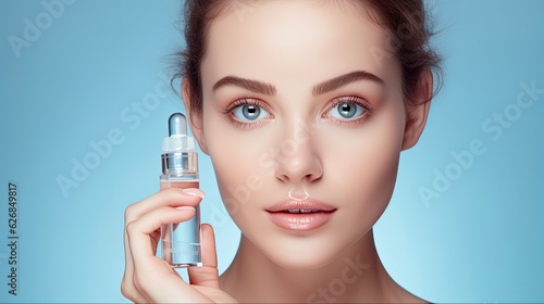 Hyaluronic Anti-Aging: Elderly Woman Takes Care of Skin with Cosmetic Toner and AHA Serum for Skin Lifting and Rejuvenation on Blue Background. Generative AI