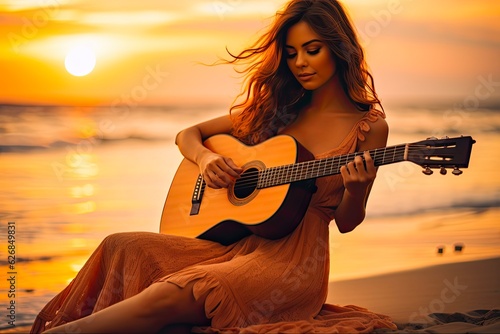 Young Woman Playing Acoustic Guitar on Beautiful Sunset Beach with Nature and Sand Background: Generative AI