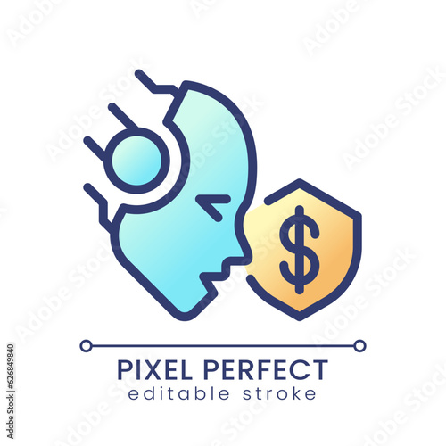 AI protects pixel perfect color gradient icon. Credit card fraud detection. Artificial intelligence solution. Bank security. Isolated RGB vector image. Filled line illustration. Editable stroke