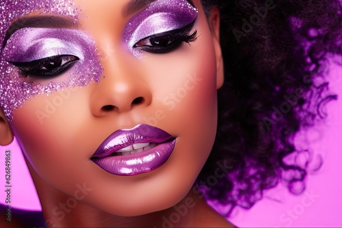 Beautiful African American Girl with Festive Silver Glitter Eyeshadow and Purple Lips  Celebrating in Pink Isolated Background  Generative AI