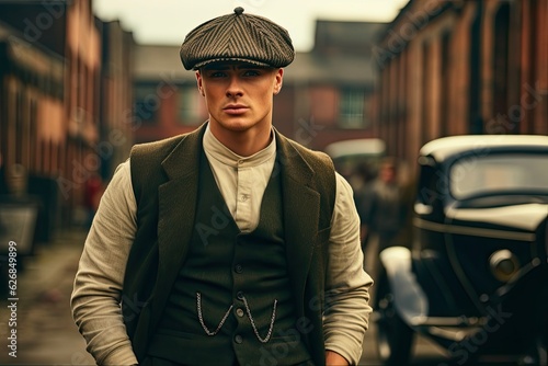 English Retro Gangster Style. Young Hipster Posing as Peaky Blinders Gang Member on City Street: Generative AI photo