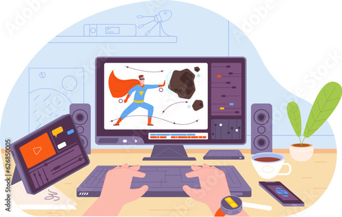 Creator video animations. Computer screen of motion designer animator, game artist pc desk software for creating editor graphic content art studio workplace splendid vector concept