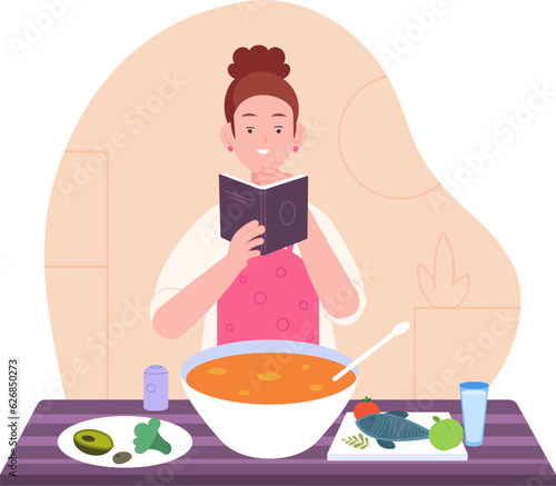 Woman recipe book. Girl reading cookbook with recipes and cooking dinner vegetable ingredients food on home kitchen table, lady women culinary hobby, splendid vector illustration