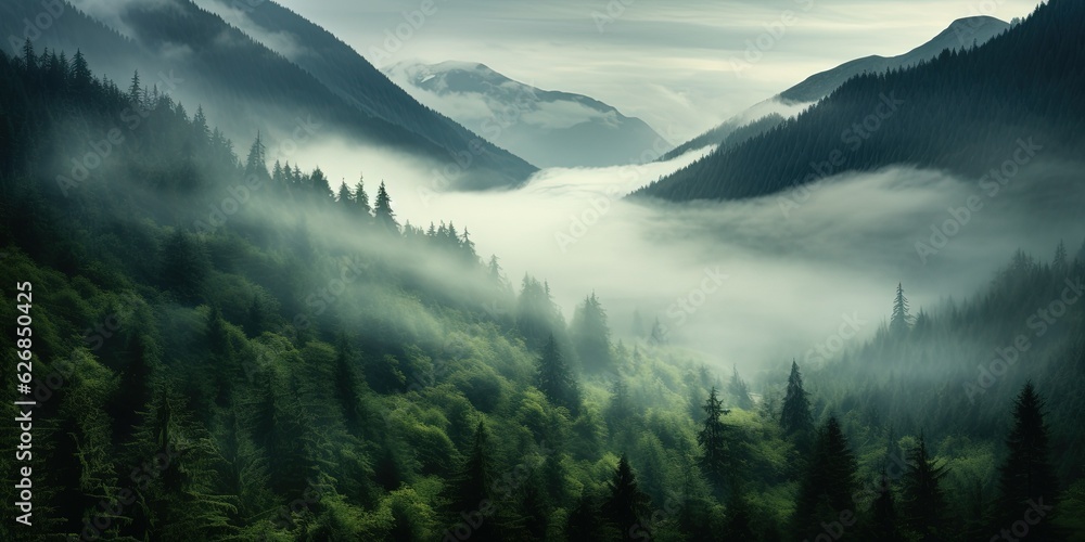 Generative AI, Misty fir forest beautiful landscape in hipster vintage retro style, foggy mountains and trees.	
