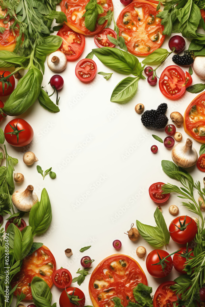 Blank Canvas whit Pizza Ingredients on White Vertical Sheet. Tasty Creation Culinary Art Concept