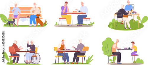 Elderly people playing chess. Relaxed pensioners play in intellectual chessboard game with friend elder player or child boy, seniors retirement hobby, splendid vector illustration