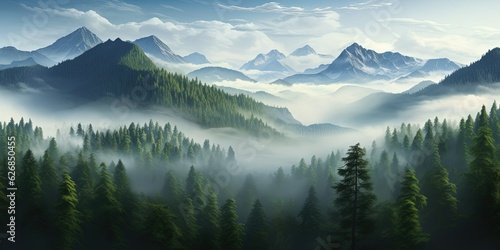 Generative AI  Misty fir forest beautiful landscape in hipster vintage retro style  foggy mountains and trees.  