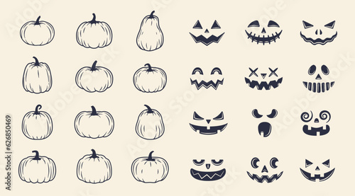 Halloween pumpkins templates. 12 blank pumpkins and 12 spooky faces for create your own design. Jack o Lantern set. Vector illustration photo