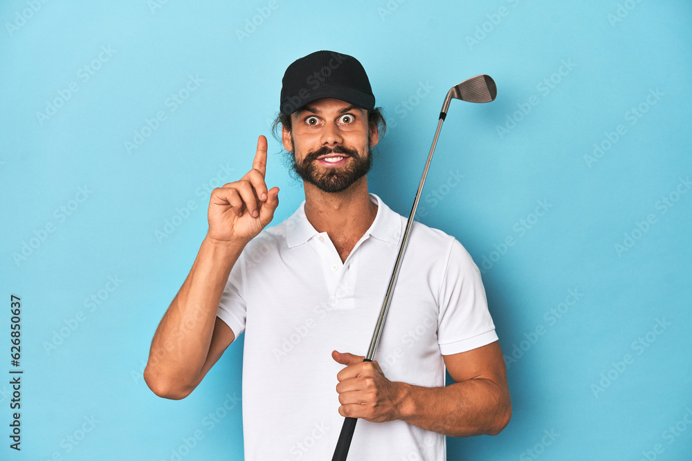 Long-haired golfer with club and hat having an idea, inspiration concept. Long-haired golfer with club and hat having an idea, inspiration concept.