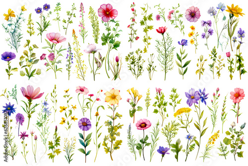 Illustration clip-art watercolor style wild flower vines and flowers of various shapes.