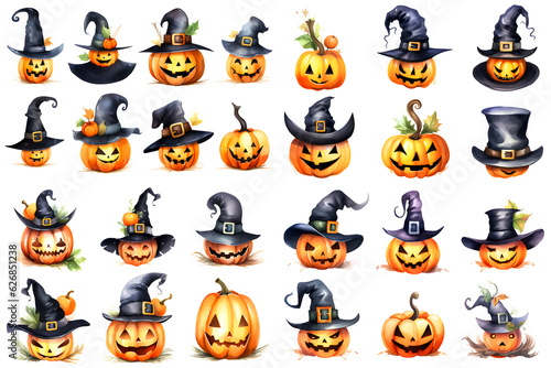 Illustration watercolor style watercolor halloween set of isolated hats, bats and pumpkins on the white background.,Generative Ai