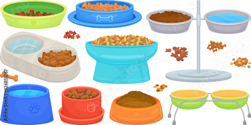 Pet meal bowl. Food containers pets treats, dog plate and cat dish with dry fodder or water, empty full bowls feed meal for animal