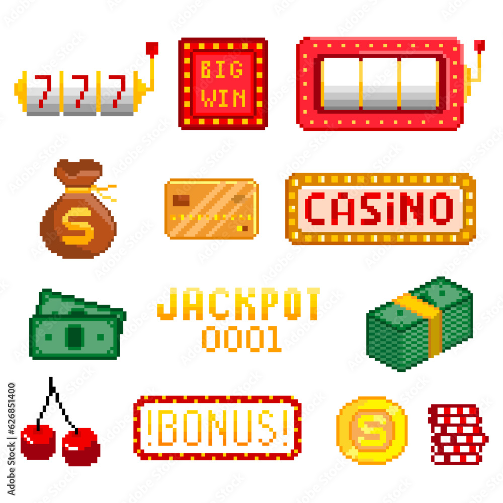 Casino 8-bit icons set. Pixel art. Old school computer graphic style. Games elements.