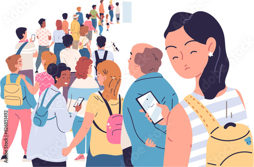 Queue back view. Crowd rear people line, behind standing tourists organizing group wait in airport atm supermarket, lot customers shopping backside stage classy vector illustration