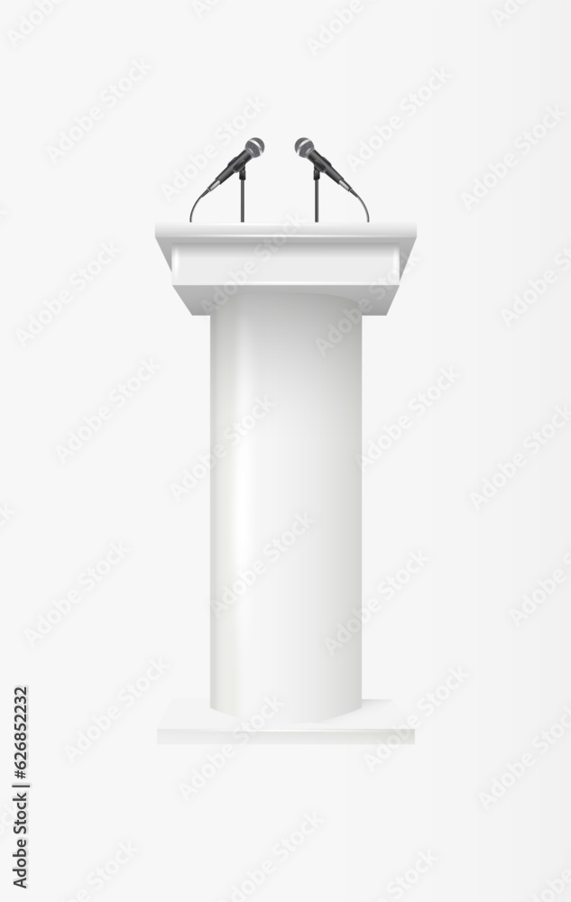 Podium tribune with microphones isolated on transparent background. Design rostrum stands. Abstract concept graphic element for business presentation, conference. Vector