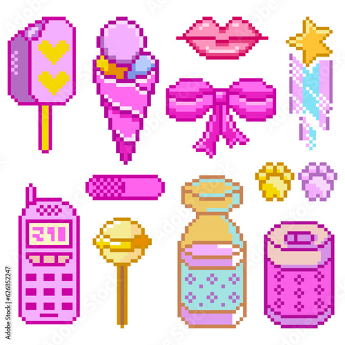 Pixel art 8-bit ?ute gaming clip art pack objects. Retro digital game assets. Set of Pink fashion icons. Vintage video game. Arcade Computer video