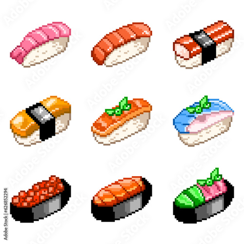 Sushi, rolls set, pixel image. Editable vector