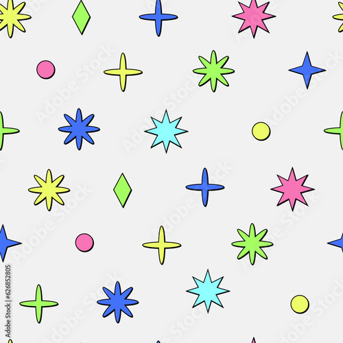 Seamless pattern. Hand drawn vector illustrations of stars and planets in cartoon Neobrutalism style on dark background