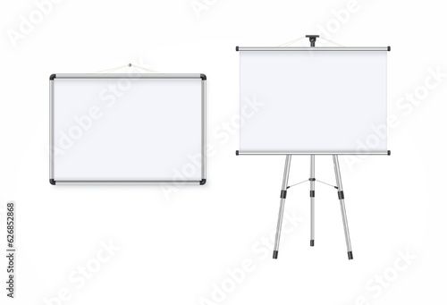 Empty Projection screen, Presentation board in realistic style. Horizontal roll up banner. Blank whiteboard for conference. Vector EPS 10.