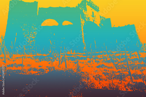 Rovine di castello lugubre con tramonto infuocato